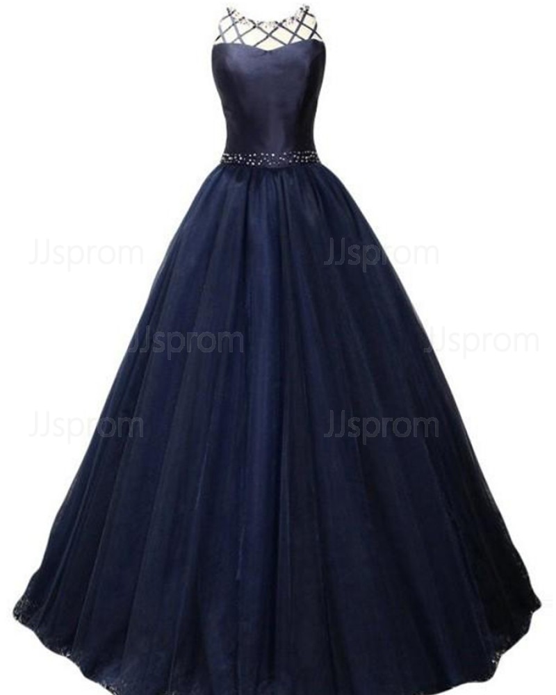 Navy Blue Pleated High Neck Beading Ball Gown Prom Dress PM1384