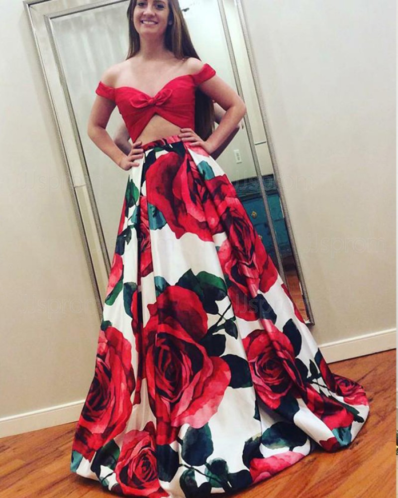 Two Piece Floral Print Off the Shoulder Prom Dress PM1386