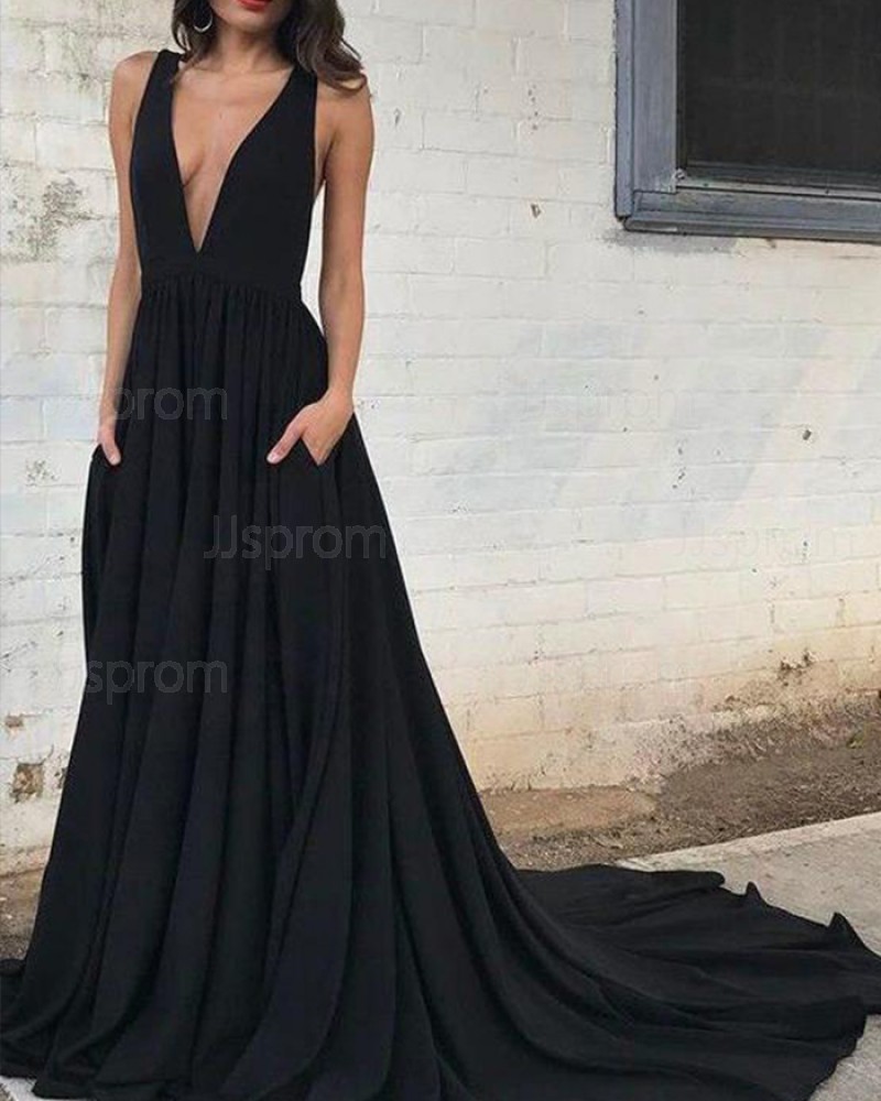 Black Deep V-neck Satin Pleated Prom Dress with Pockets PM1388