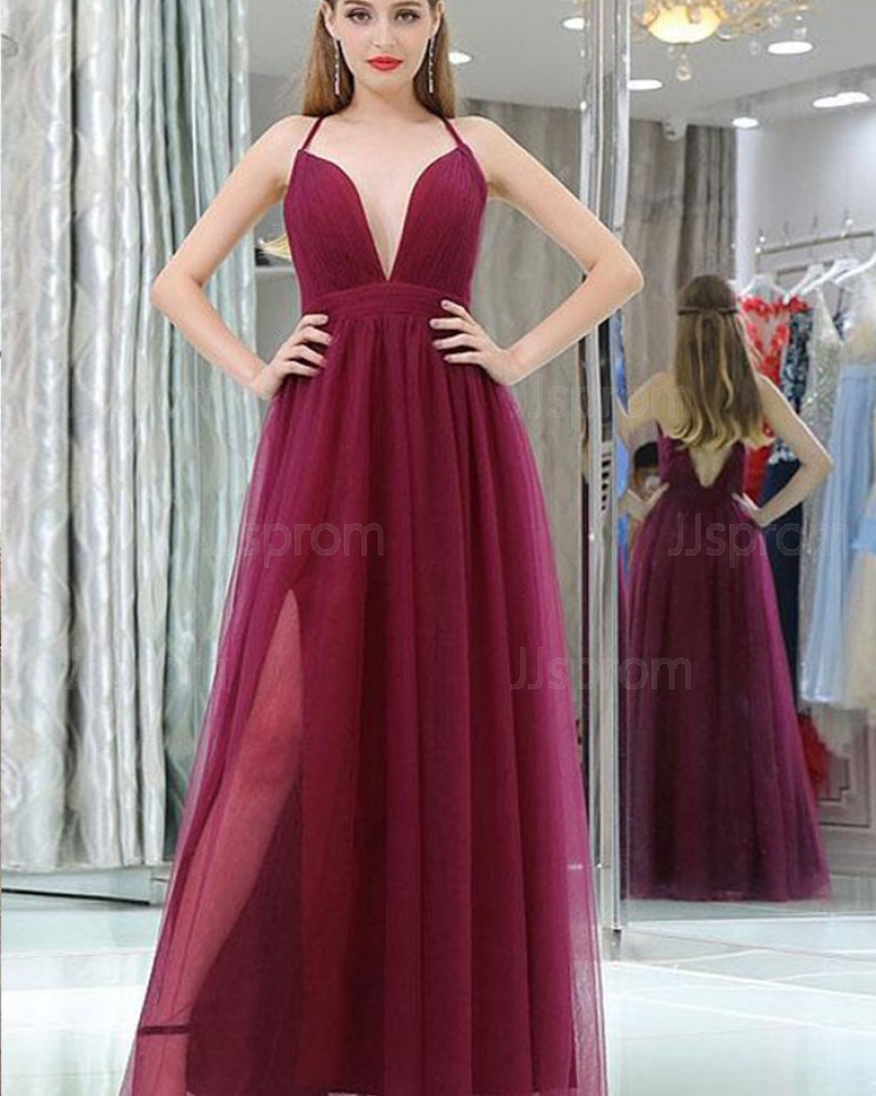 Pleated Tulle Halter Burgundy Prom Dress with Side Slit PM1389