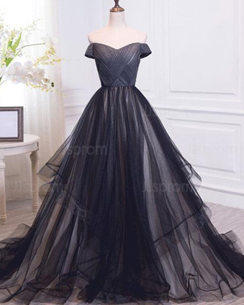 Black Off the Shoulder Ruched Tulle Ball Gown Evening Dress PM1390