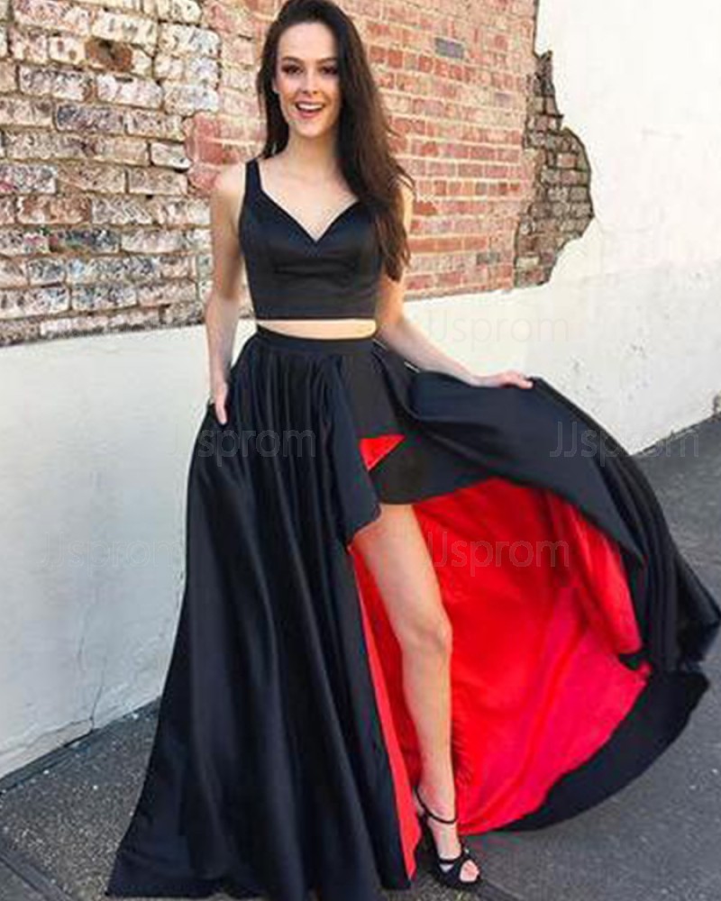 Black and Red Satin Two Piece V-neck Prom Dress with Pockets PM1391