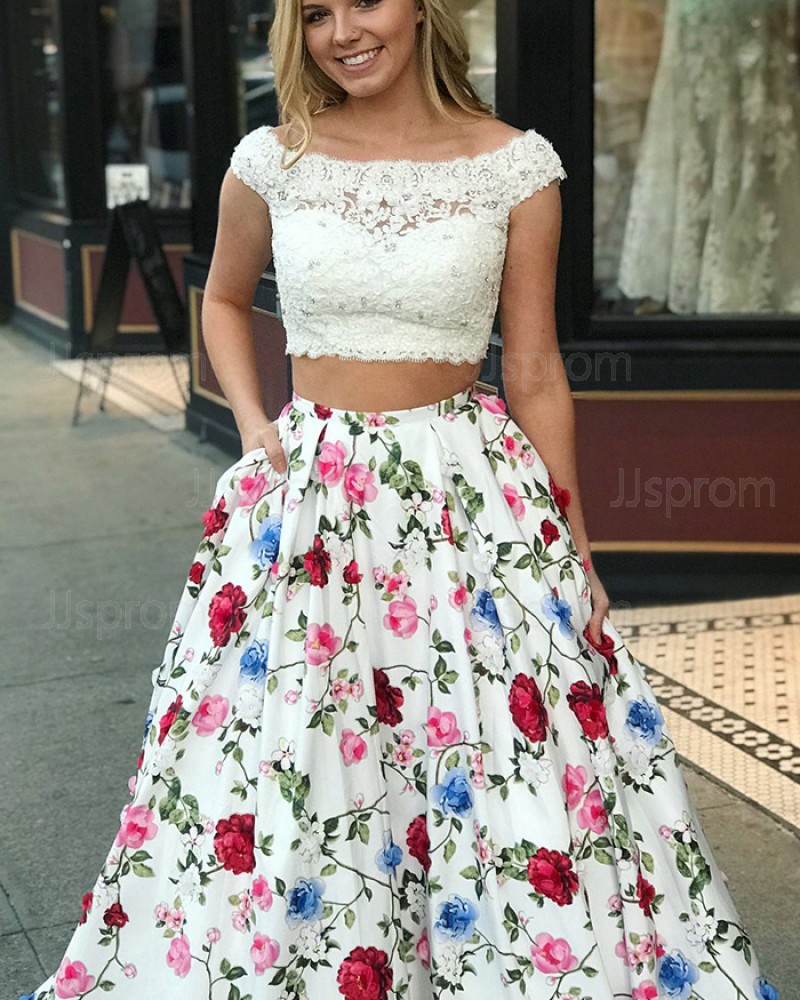 Two Piece Floral Print Off the Shoulder Lace Bodice Prom Dress with Pockets PM1395