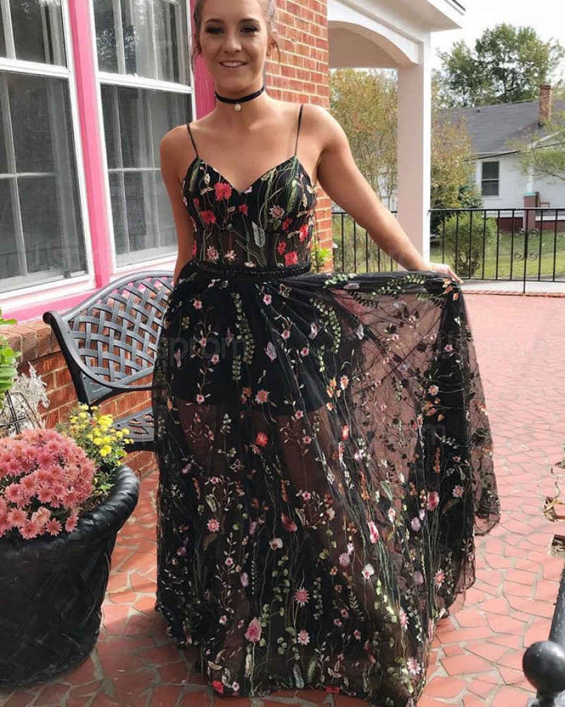 Long Floral Lace Spaghetti Straps Prom Dress PM1398