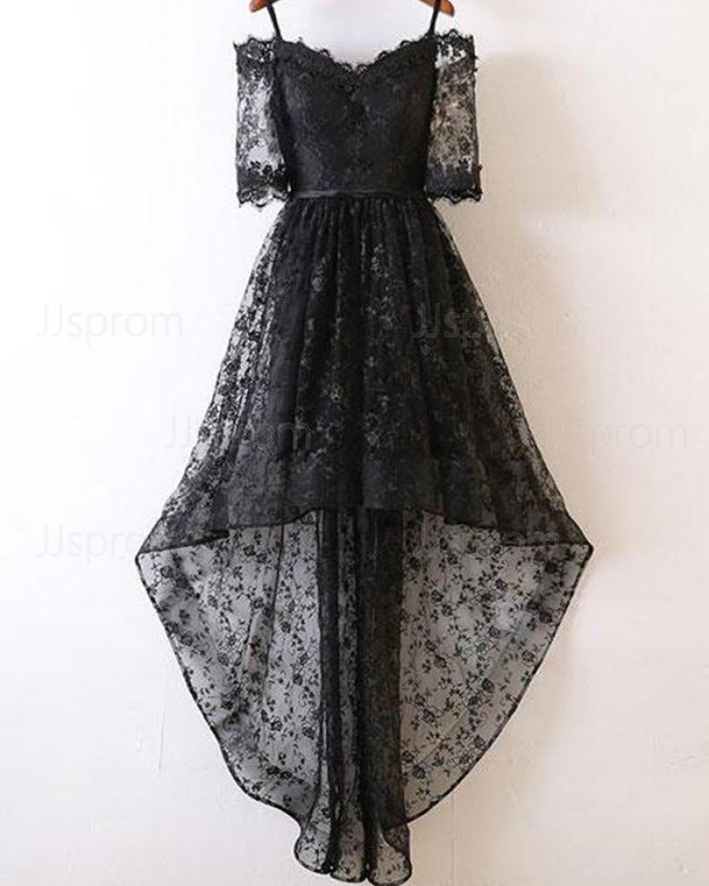 Cold Shoulder High Low Black Lace Prom Dress with Half Length Sleeves PM1400