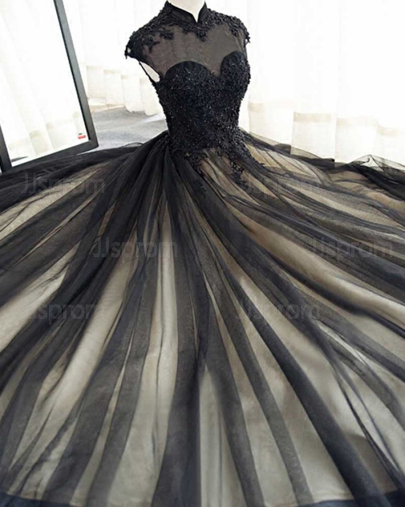 Long Black Tulle High Neck Appliqued Evening Dress PM1401
