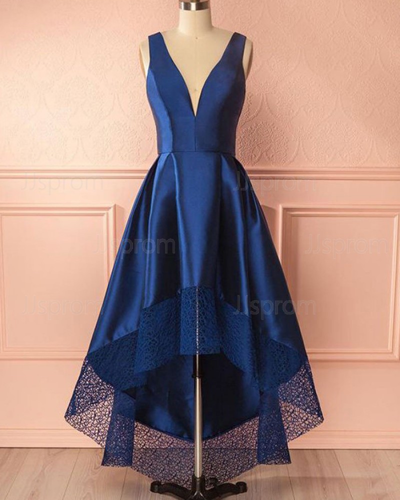 High Low Deep V-neck Royal Blue Prom Dress with Lace Hem PM1403
