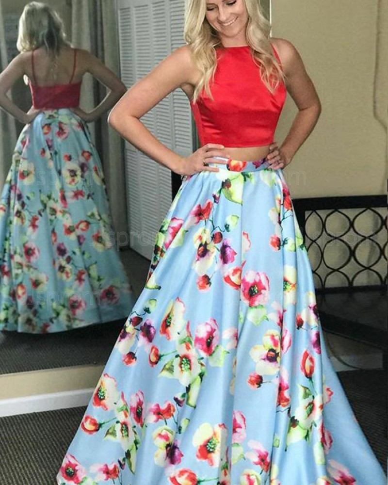 High Neck Satin Two Piece Prom Dress with Floral Print Skirt PM1409