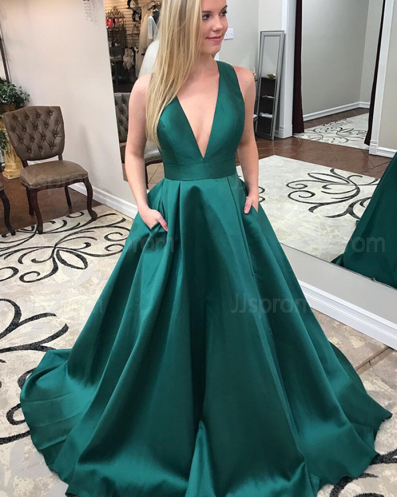 Simple Long Satin Deep V-neck Green Prom Dress with Pockets PM1411
