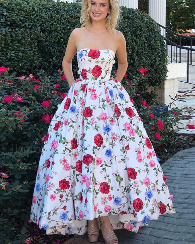 Long Floral Print Sweetheart Satin Prom Dress with Pockets PM1415
