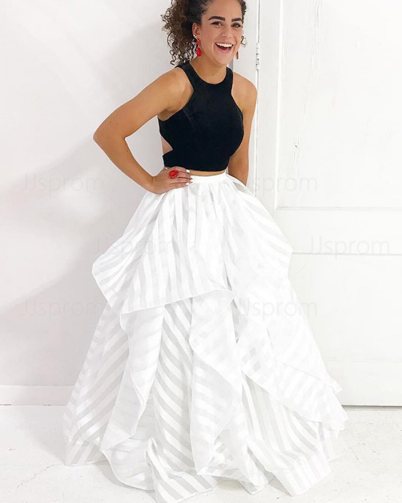 Black & White Strips Two Piece Ruffled Prom Dress PM1419