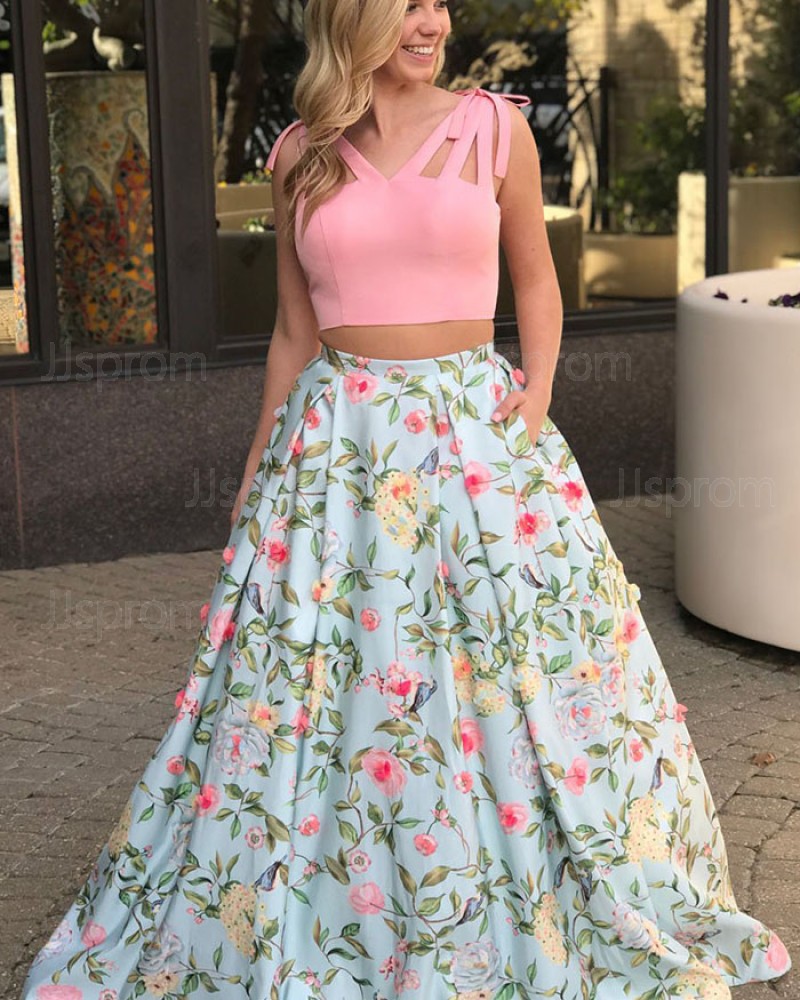 Two Piece Floral Print V-neck Cutout Prom Dress with Pockets PM1423