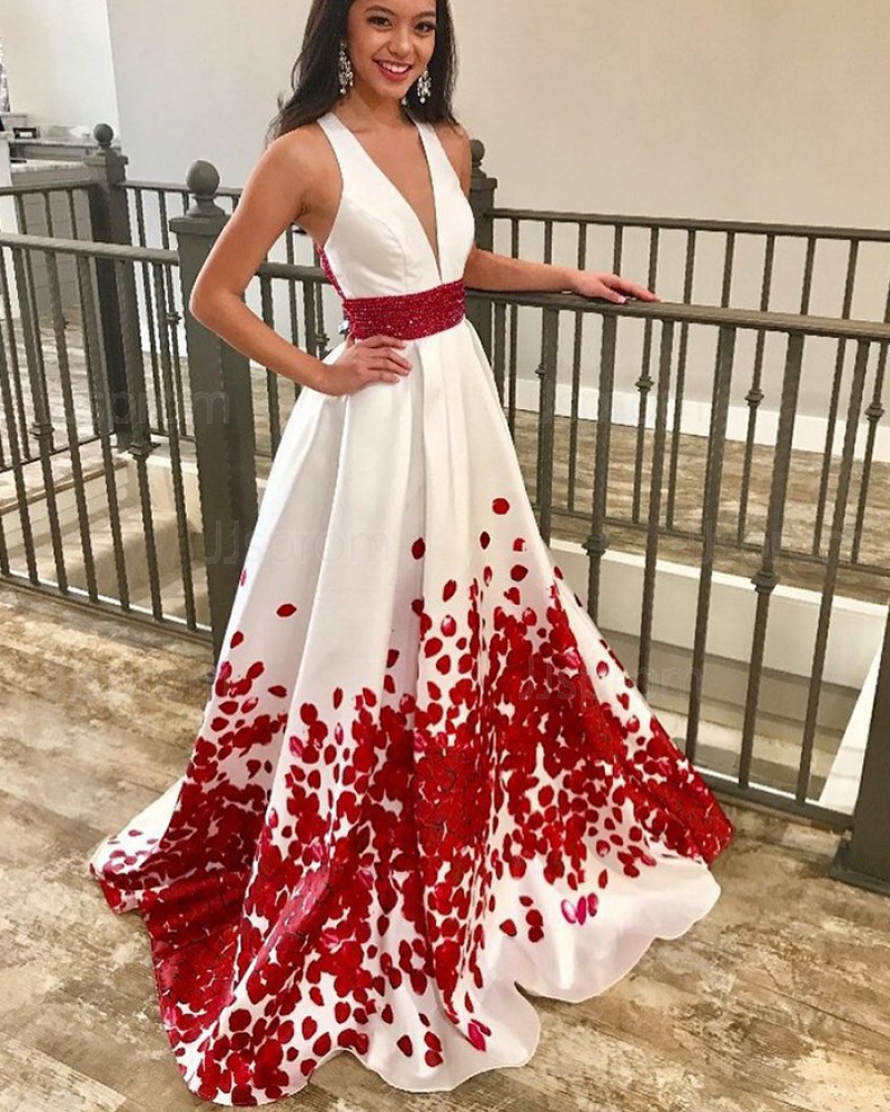 White & Red Satin Deep V-neck Prom Dress with Beading Belt PM1424