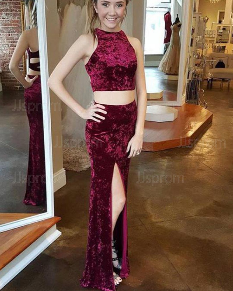 Two Piece Mermaid Halter Burgundy Velvet Prom Dress with Side Slit PM1428