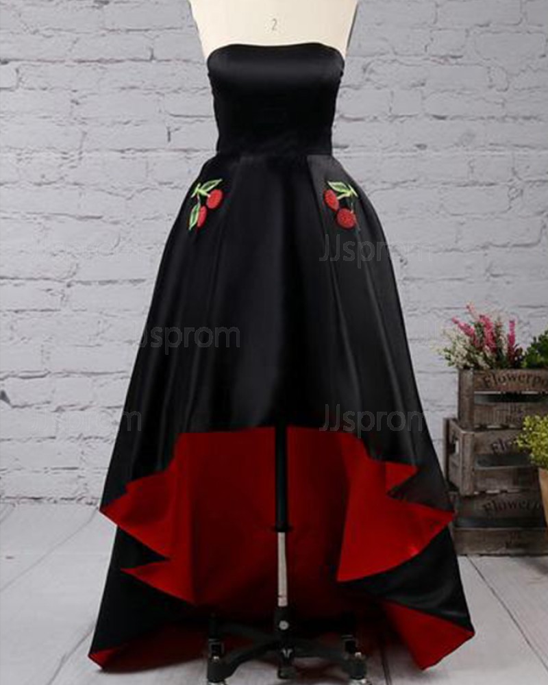 High Low Black and Red Strapless Pleated Prom Dress with Appliqued Pockets PM1434