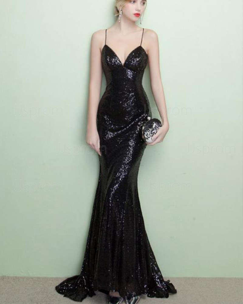 Black Sequined Spaghetti Straps Mermaid Evening Dress PM1436