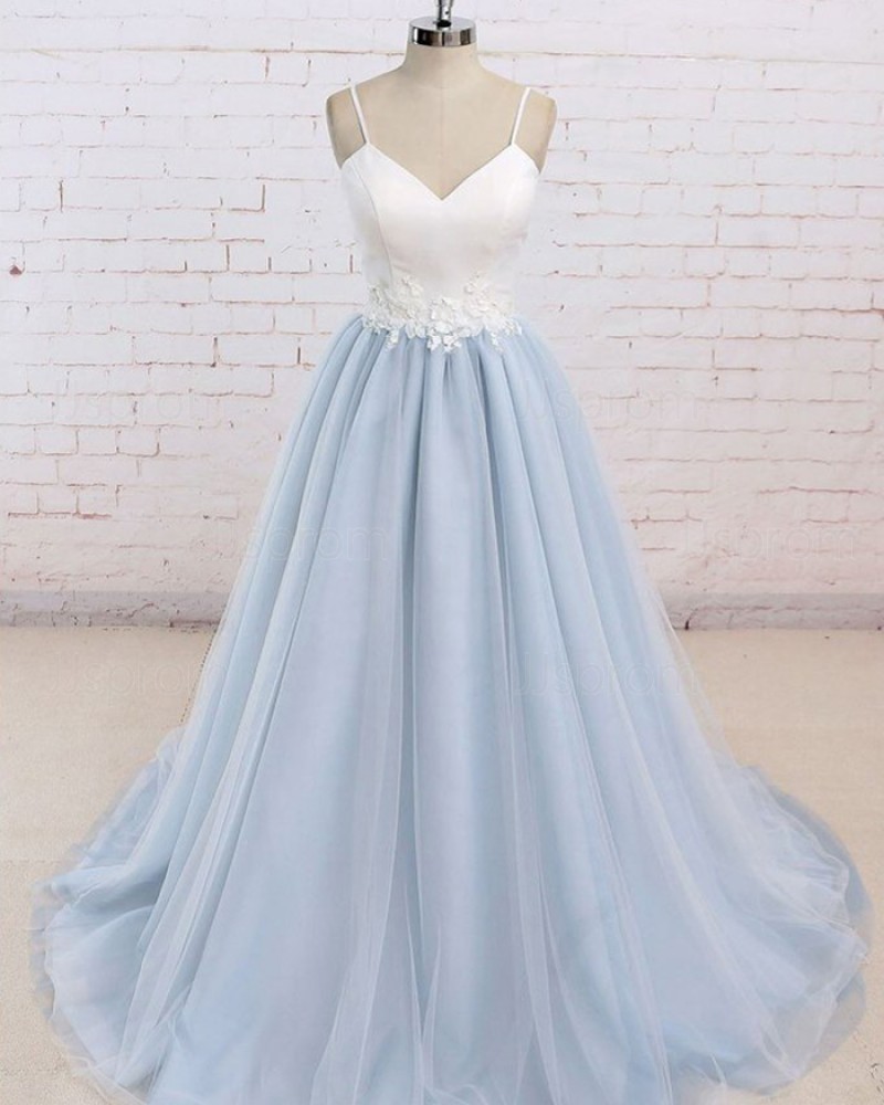 White & Blue Tulle Spaghetti Straps Prom Dress with Appliques PM1437