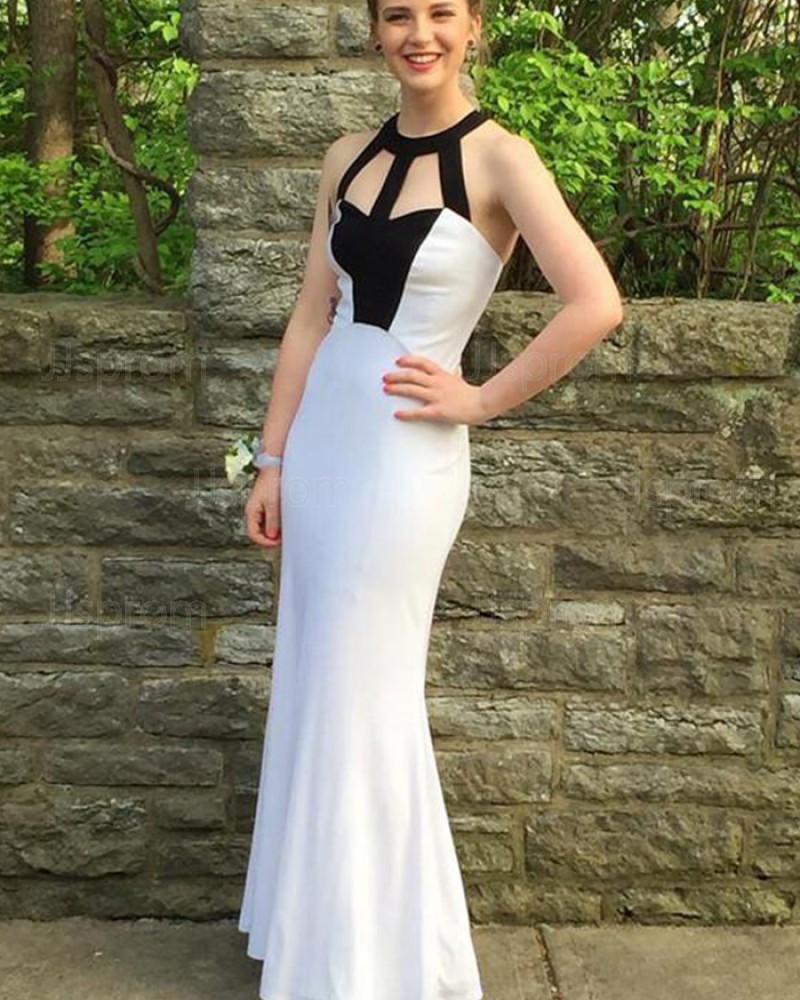 Simple Black & White Cutout High Neck Satin Mermaid Prom Dress PM1440