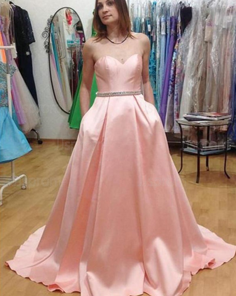 Sweetheart Long Pink Satin Prom Dress with Pockets PM1442