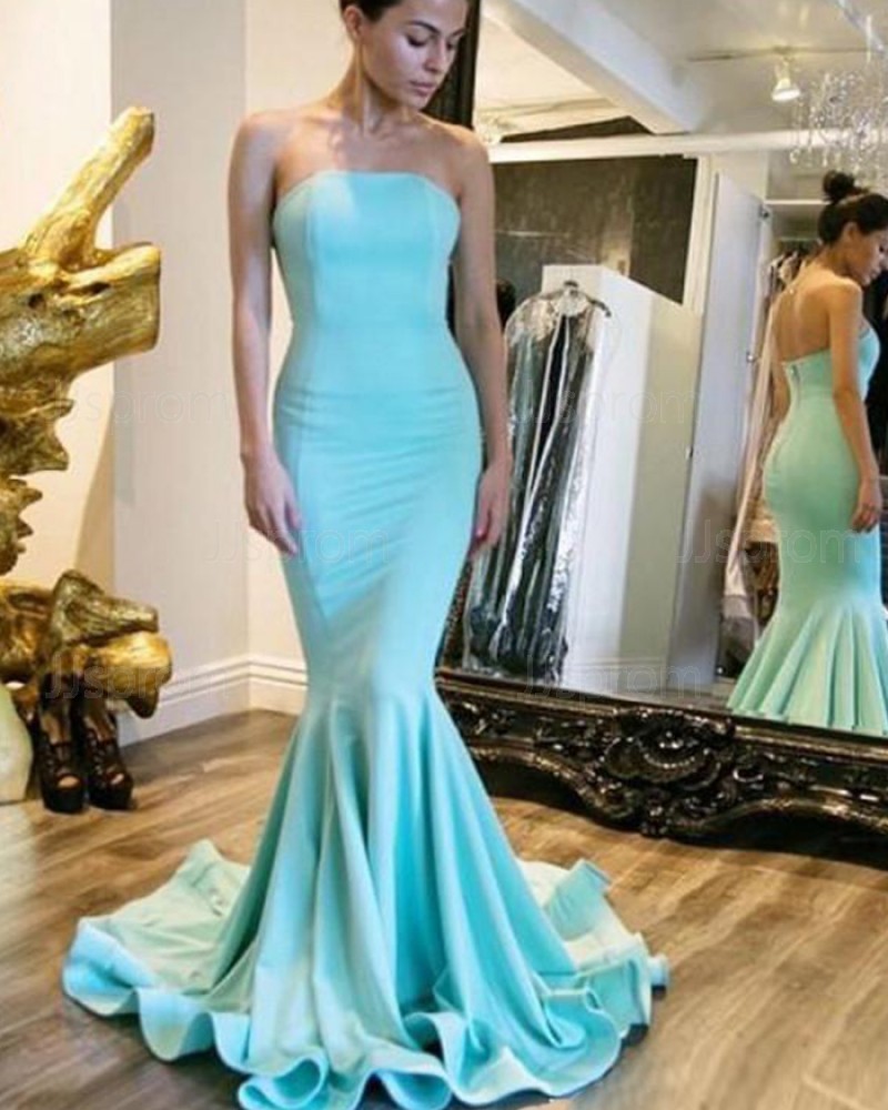 Simple Satin Cyan Strapless Mermaid Style Prom Dress PM1445