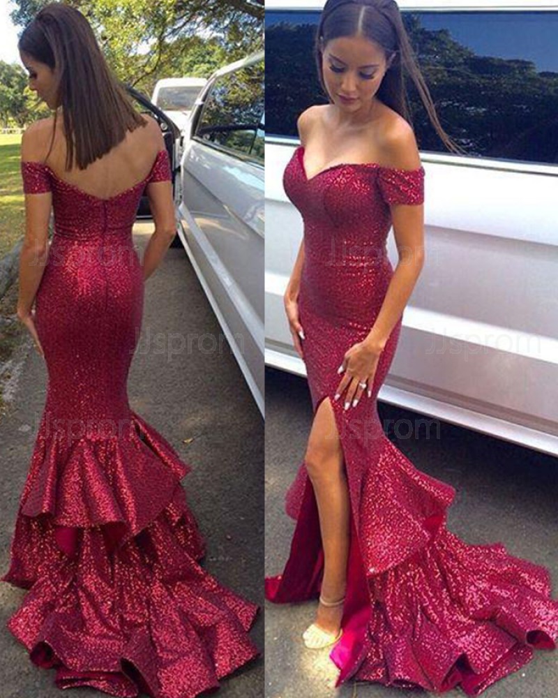 Off the Shoulder Red Mermaid Sequined Prom Dress with Side Slit PM1447