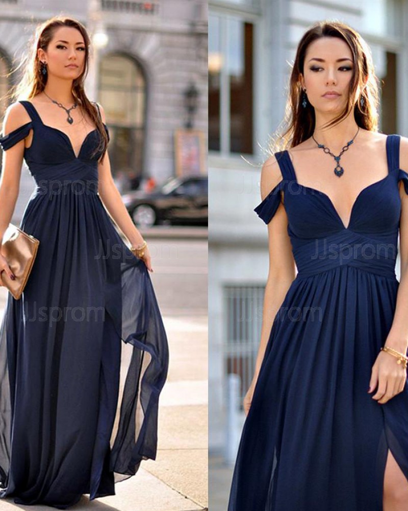 Cold Shoulder Navy Blue Chiffon Pleated Formal Dress PM1448