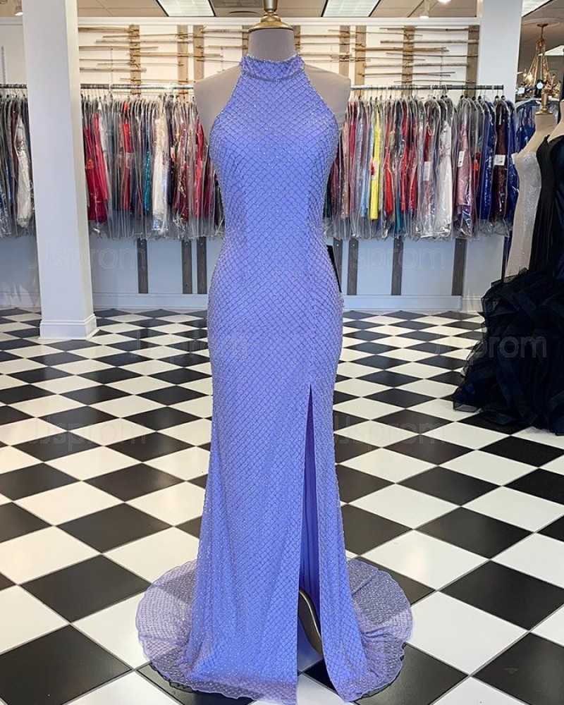 High Neck Fish Net Lace Blue Mermaid Prom Dress with Side Slit PM1802