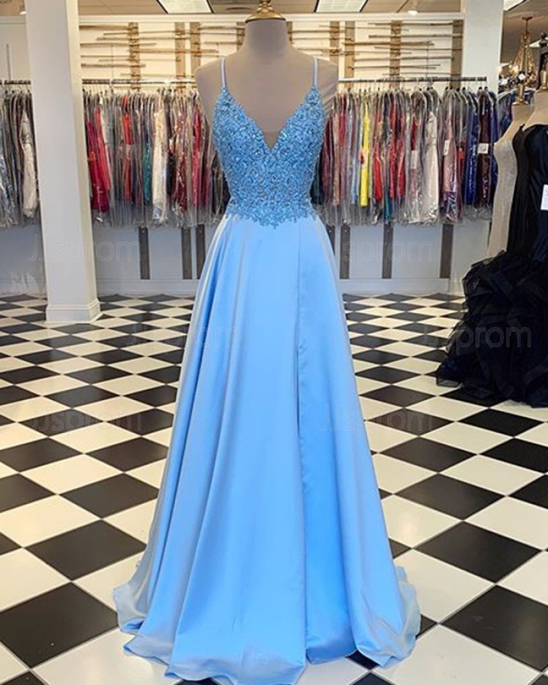 Cyan Spaghetti Straps Lace Bodice Satin Prom Dress with Slit PM1803