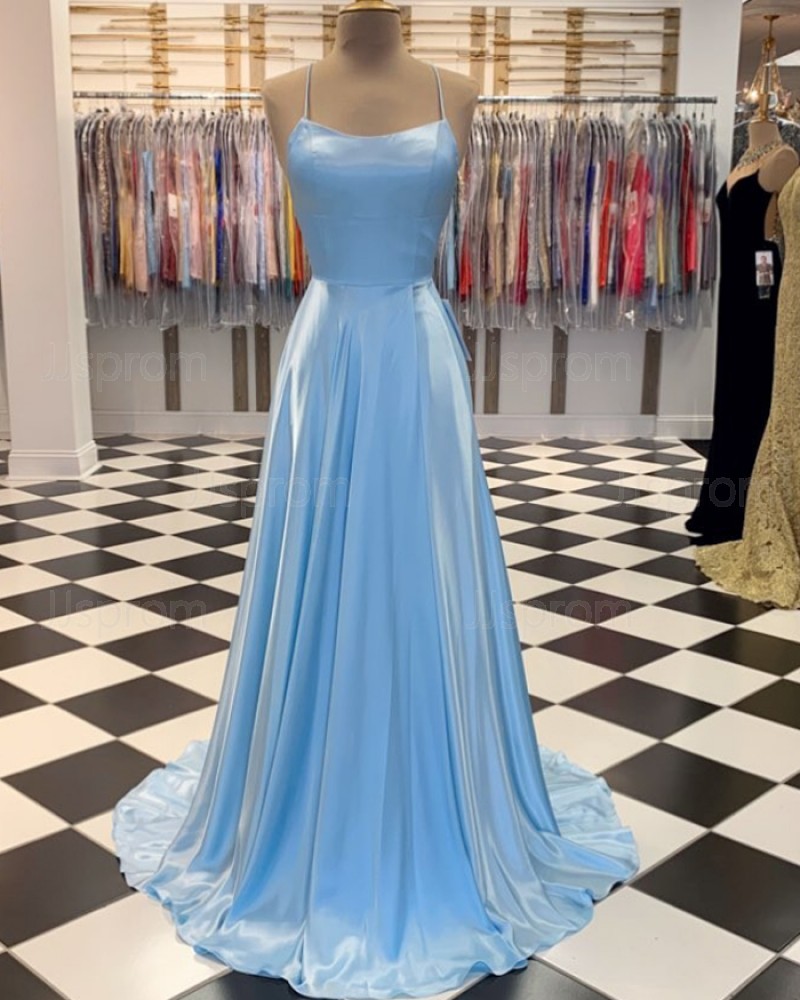 Simple Spaghetti Straps Light Blue Satin A-line Prom Dress PM1807