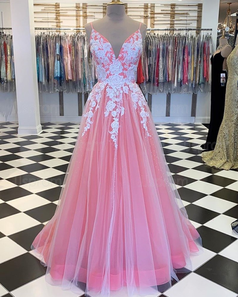 Peach Spaghetti Straps Tulle Pleated Prom Dress with Lace Applique PM1808