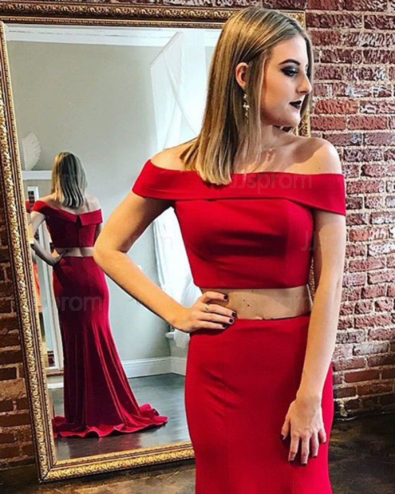 Two Piece Off the Shoulder Red Satin Mermaid Prom Dress PM1817