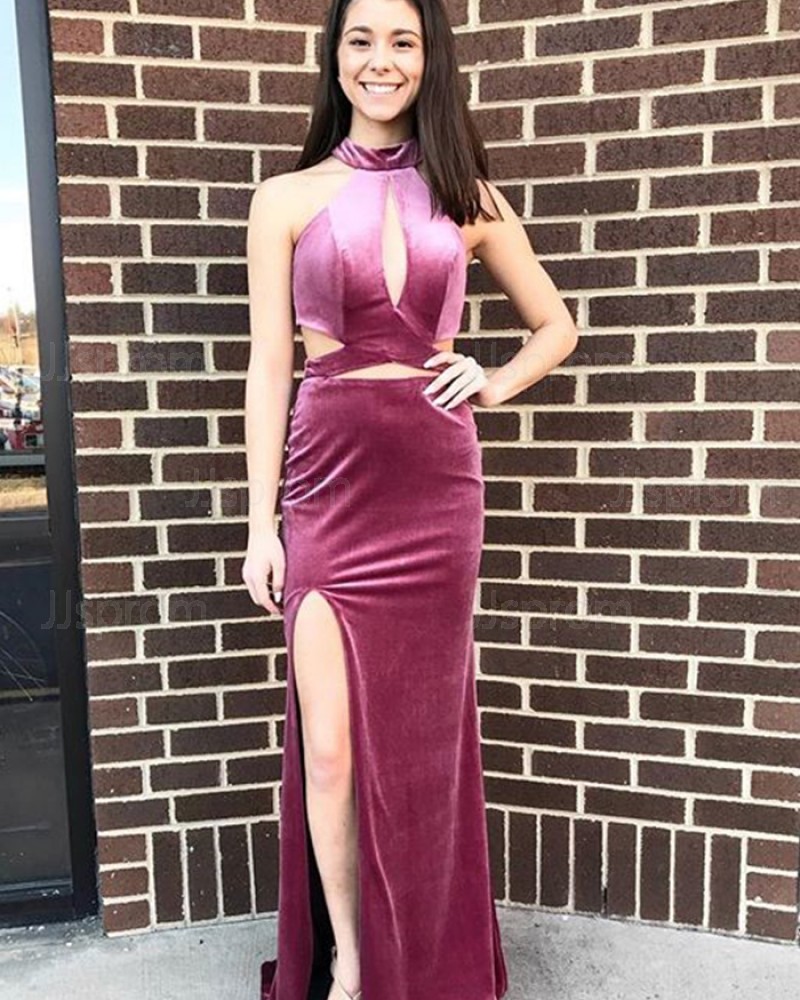 Fuchsia High Neck Cutout Mermaid Prom Dress with Slit PM1818