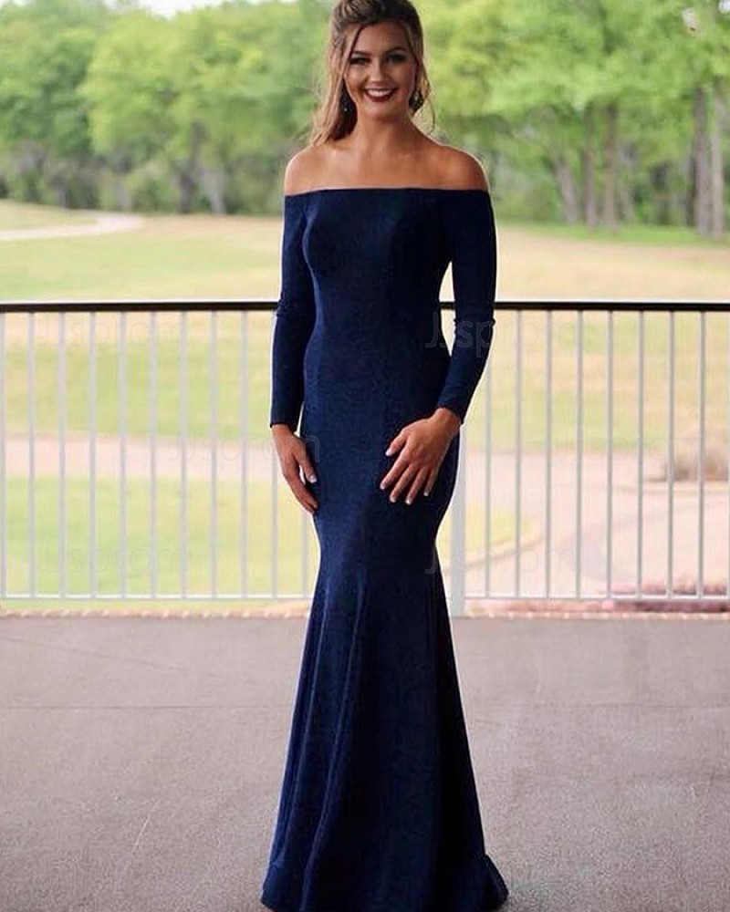 Simple Off the Shoulder Navy Blue Mermaid Prom Dress with Long Sleeves PM1819