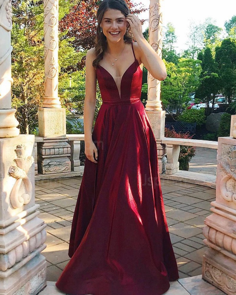 Simple Red Spaghetti Straps Satin Prom Dress with Pockets PM1820
