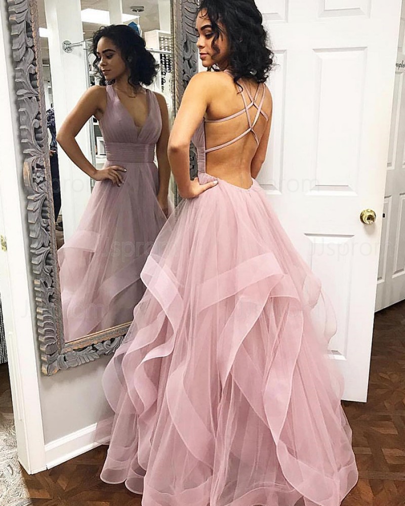 Simple Light Purple V-neck Ruffled Tulle Prom Dress PM1821