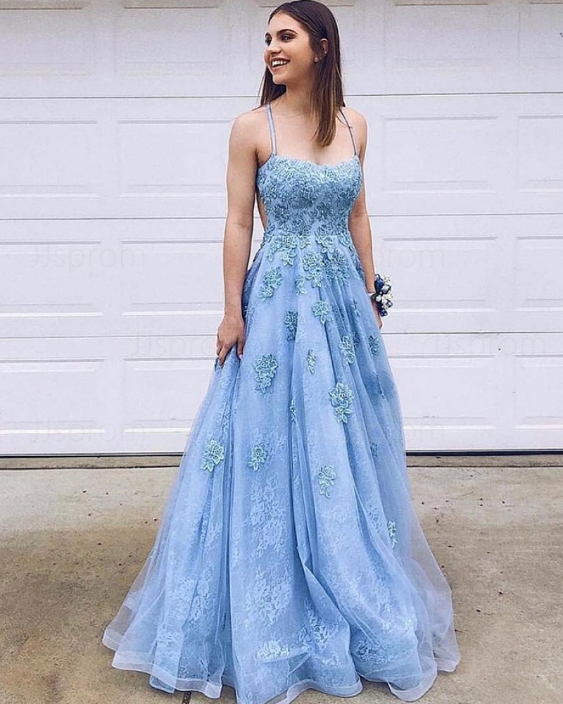 Sky Blue Spaghetti Straps Lace Applique A-line Prom Dress PM1822