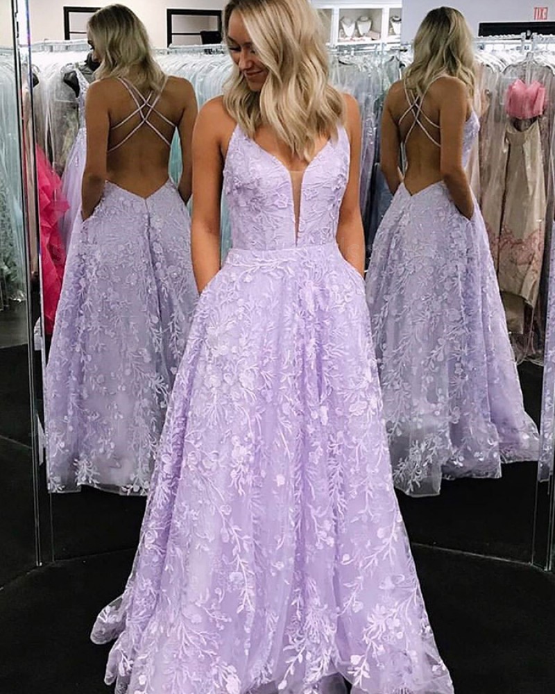 V-neck Lace Lavender Prom Dress with Pocket PM1824