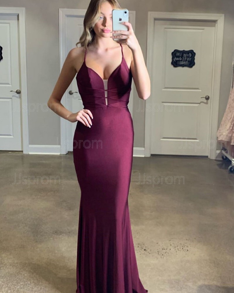 Simple Burgundy Spaghetti Straps Mermaid Satin Prom Dress PM1826