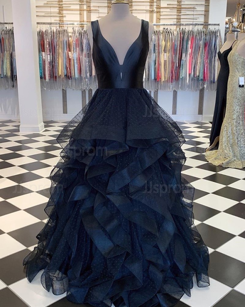 V-neck Polka Dots Black Tulle Ruffled Prom Dress PM1828