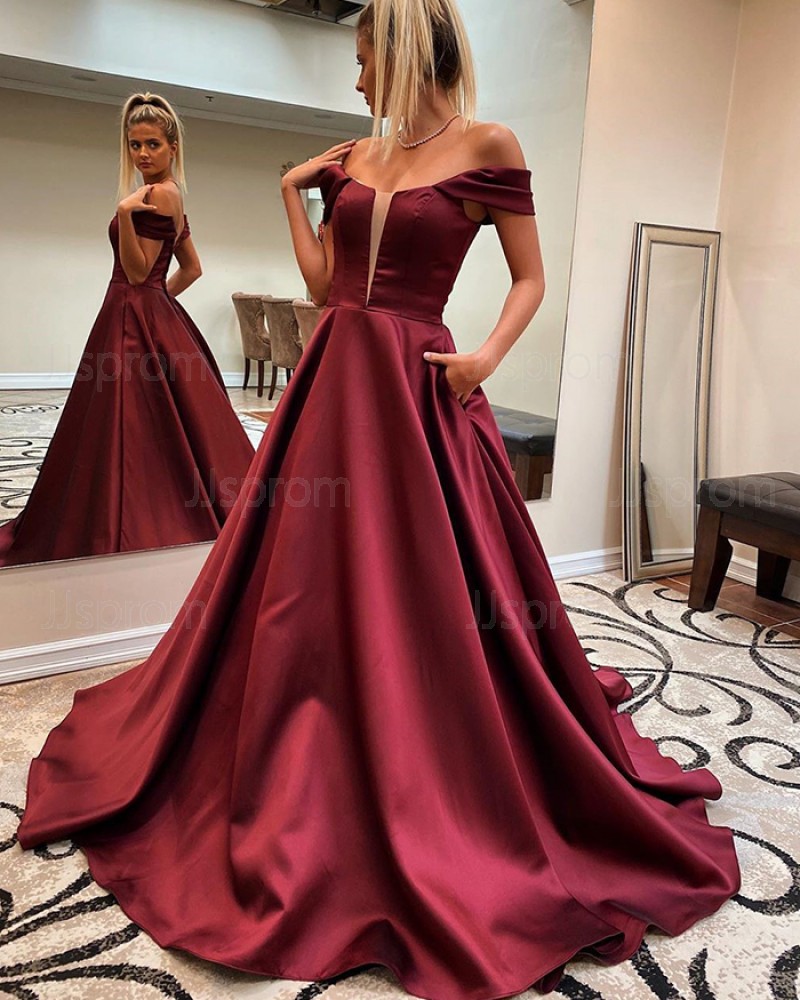 Burgundy V-neck Satin A-line Prom Dress with Pockets PM1829