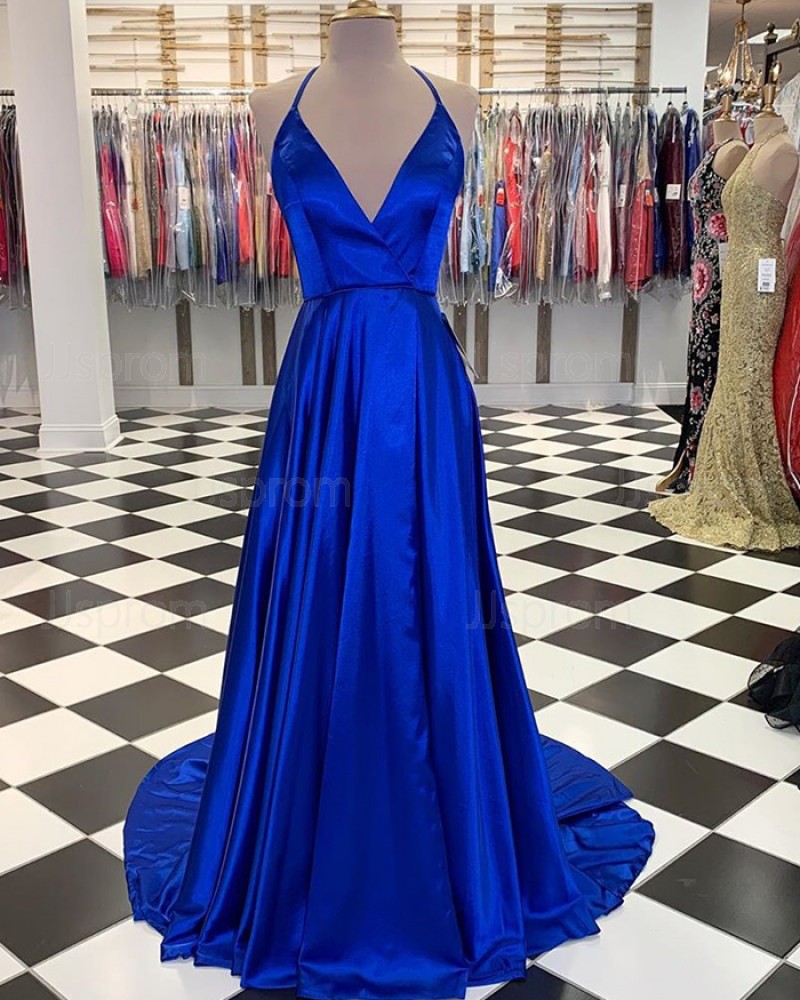 Simple Blue Satin Halter A-line Long Prom Dress with Slit PM1830