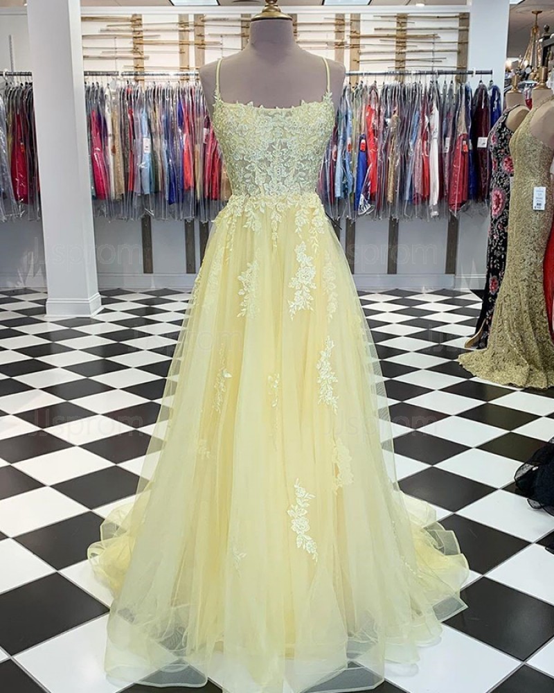 Light Yellow Spaghetti Strap Appliqued Tulle Prom Dress PM1832