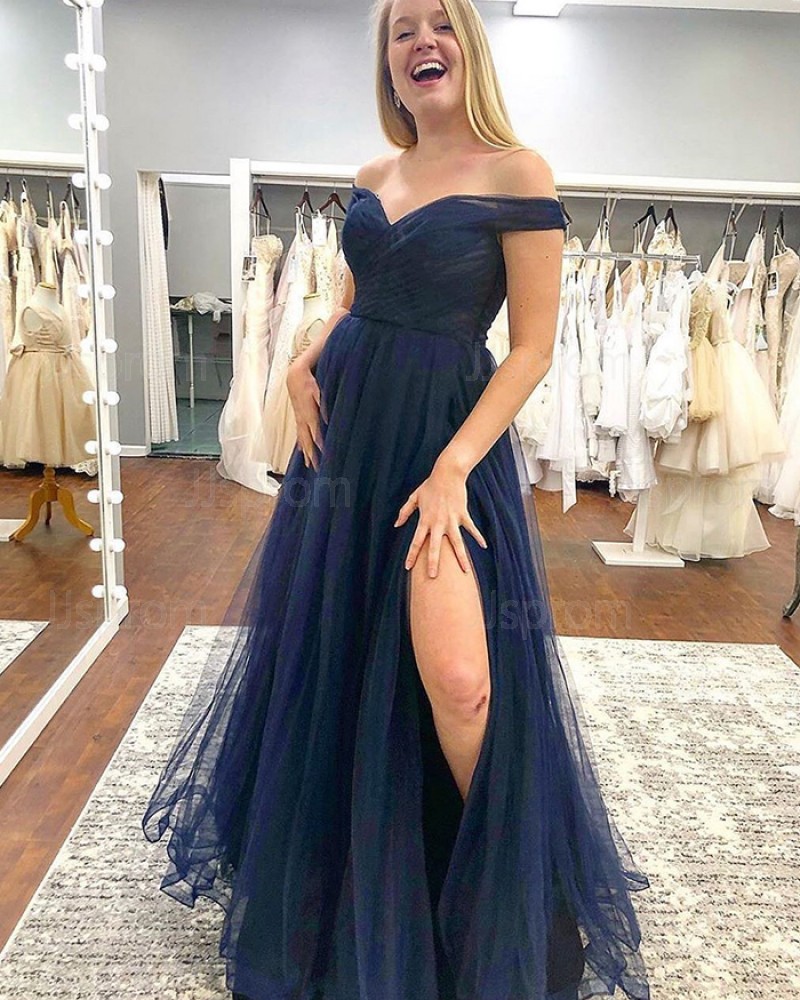 Navy Blue Off the Shoulder Tulle Pleated Prom Dress with Side Slit PM1833