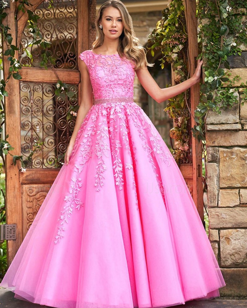 Blush Pink Jewel Neck Lace Appliqued A-line Prom Dress PM1834