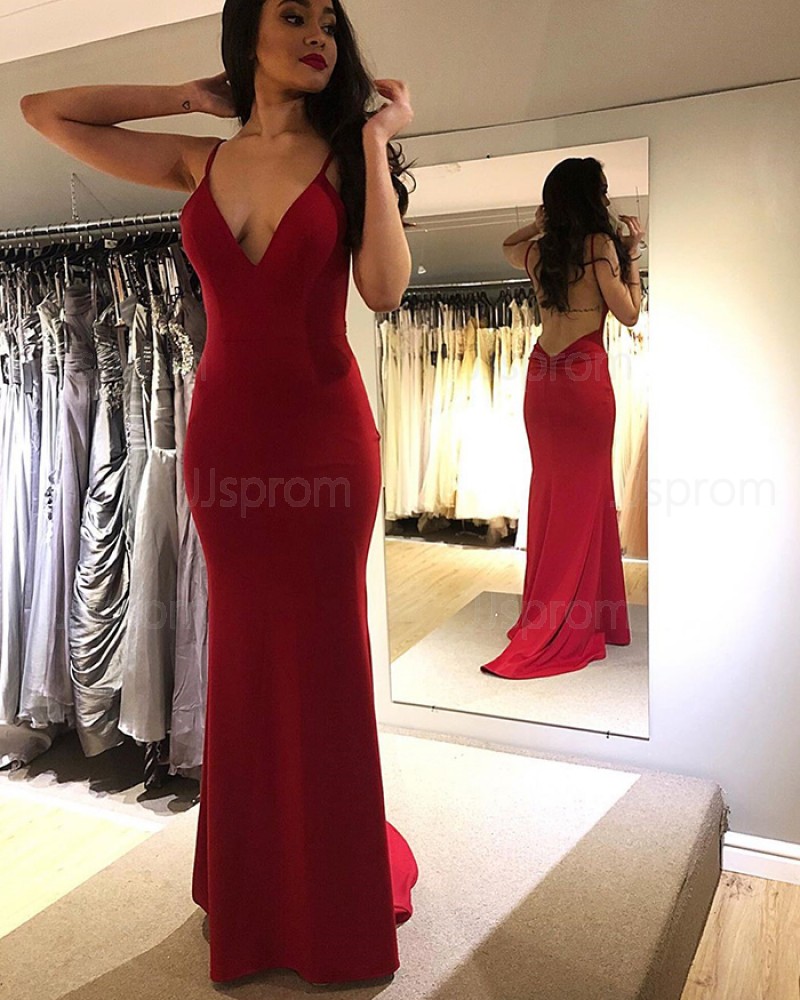 Simple Red Spaghetti Straps Mermaid Prom Dress PM1841