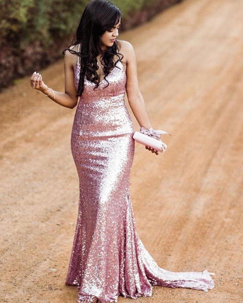 Rose Gold Spaghetti Straps Sequin Mermaid Prom Dress PM1845
