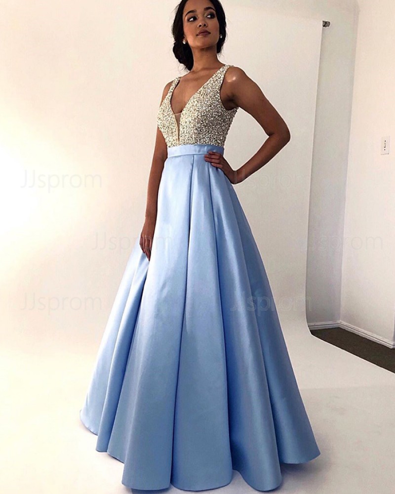 V-neck Sky Blue Beading Bodice Pleated Prom Dress PM1846