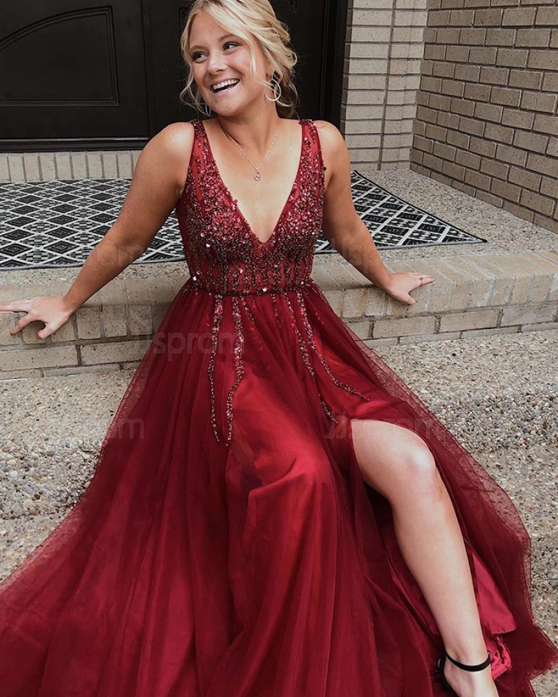 Beading Bodice V-neck Red Prom Dress with Side Slit PM1850