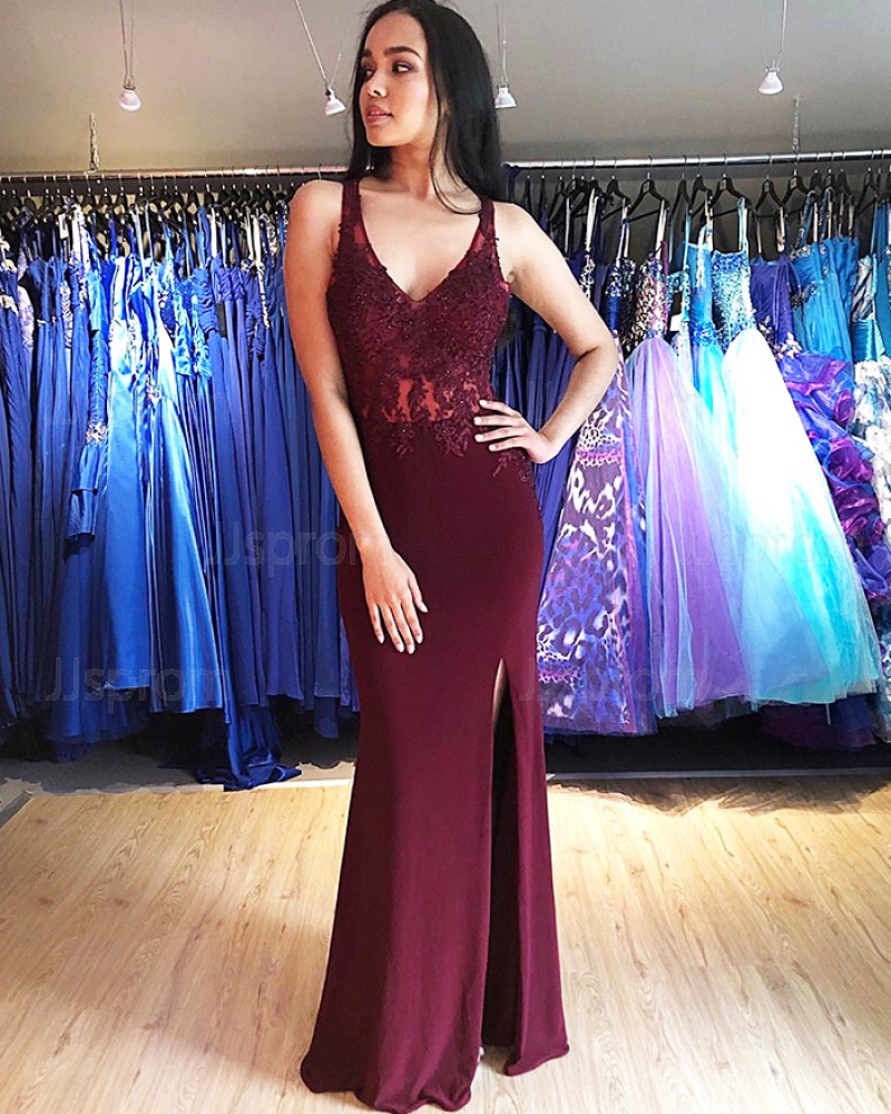 Burgundy V-neck Lace Bodice Mermaid Prom Dress with Side Slit PM1851