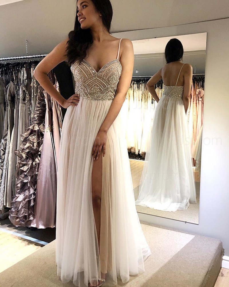 White Spaghetti Straps Beading Bodice Pleated Tulle Prom Dress with Side Slit PM1852